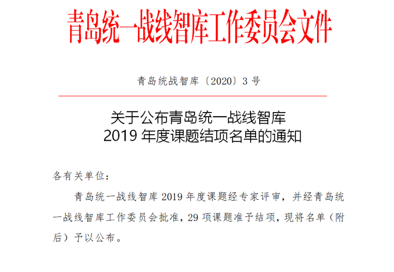 威尼斯官网青岛统一战线智库2019年度课题顺利结项