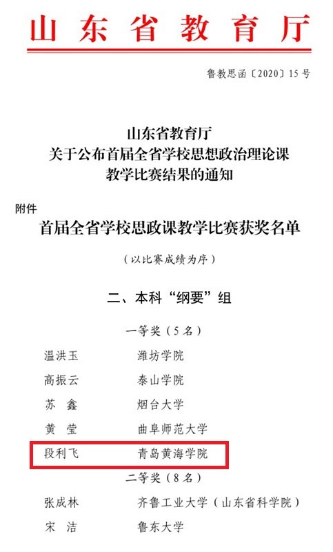 威尼斯官网段利飞老师荣获山东省首届学校思政课教学比赛本科高校（《中国近现代史纲要》组）一等奖